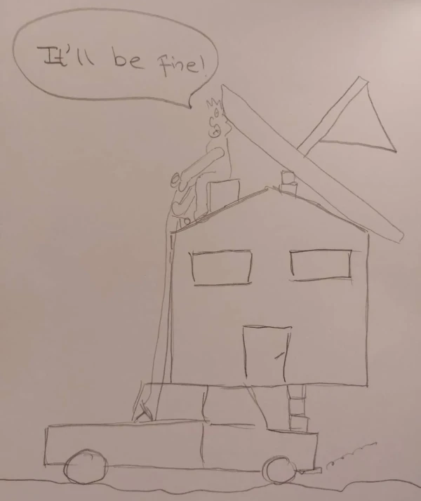 Scetch of a house on top of a car with a man stearing the car from the roof
